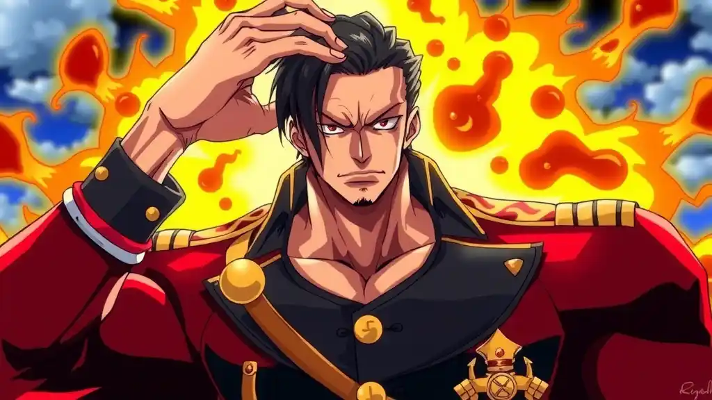 masterpiece, 1boy, akainu, marine admiral, dark red suit, black hair, muscular, stern expression, lava powers, military uniform, intimidating pose, one piece character
