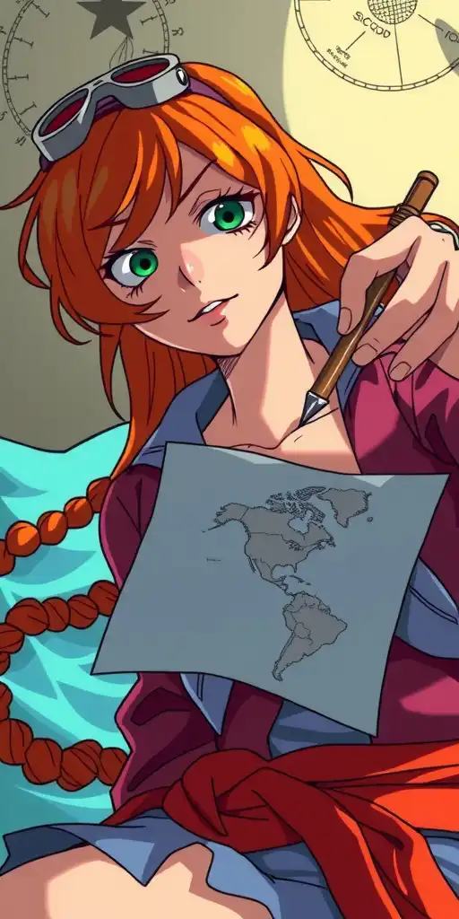 masterpiece, best quality, 1girl, orange long hair, navigation map, cartographer, focused expression, log pose on wrist, blue tattoo, skilled hands drawing, detailed desk setup, quill pen, ink bottles, charts and compass, warm lighting, indoor study scene