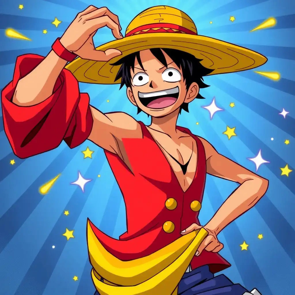 masterpiece, 1boy, monkey d luffy, straw hat, red vest, blue shorts, black hair, scar under eye, cheerful smile, muscular, sandals, one piece character, determined expression, confident pose