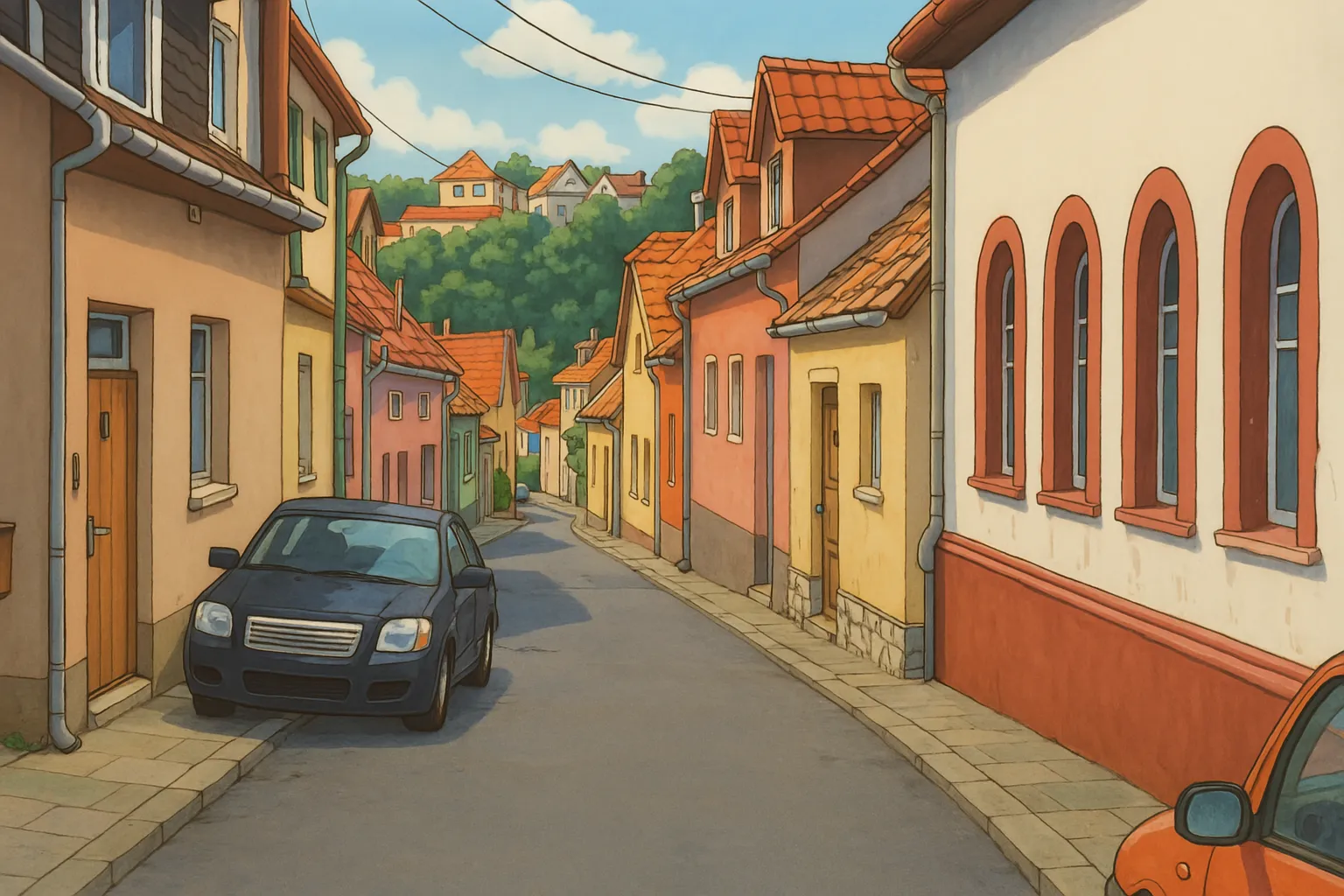after ghibli ai filter, the photo keeps the realistic feeling of the alley and the car, but adds a cute atmosphere like in a comic