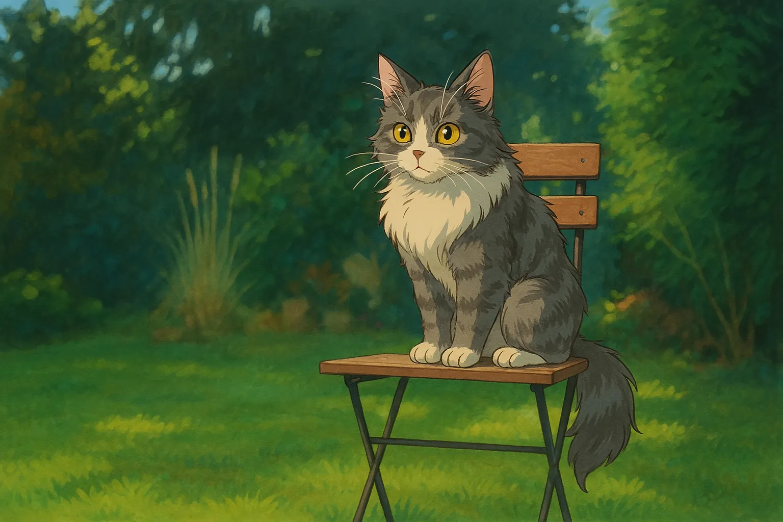 after ghibli ai conversion, this gray kitten becomes a cute pet in a Hayao Miyazaki comic