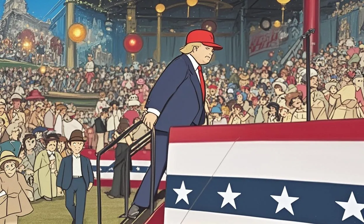after studio ghibli ai filter, Trump with a red hat and the audience below the podium turn into a comic style