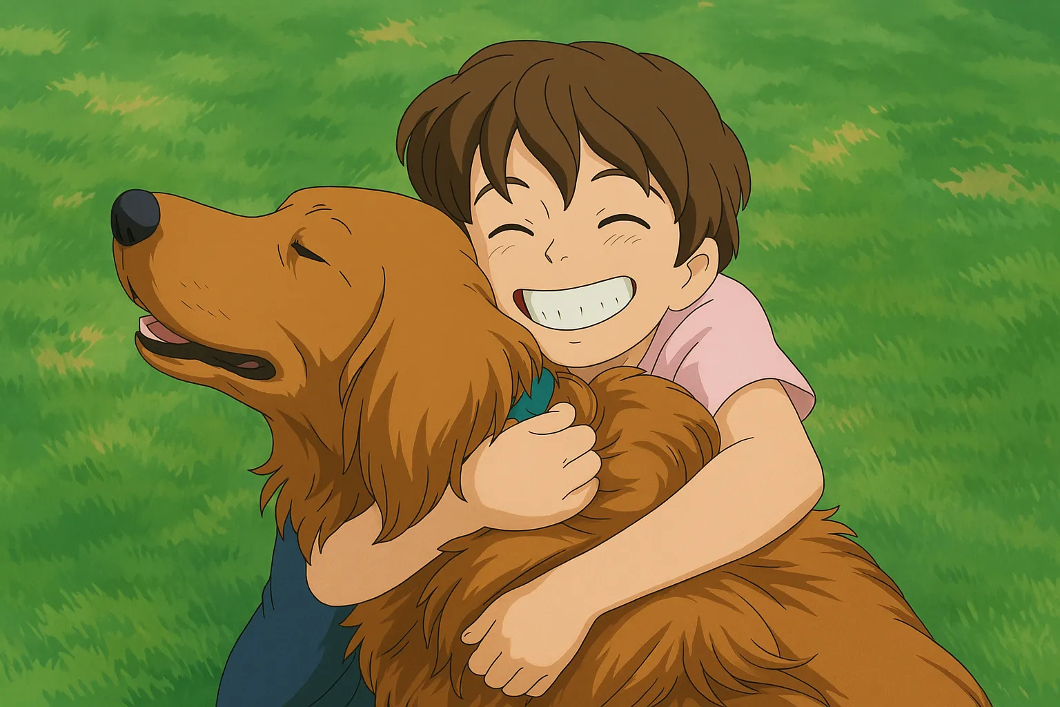 after using studio ghibli ai generator, the blonde boy and his golden retriever pet take on a warm and cozy anime scene