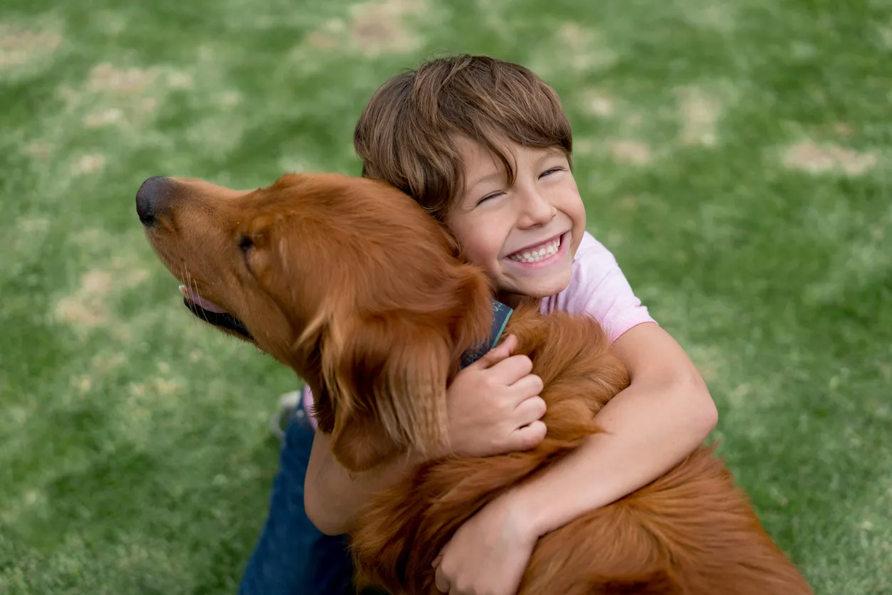 A little boy with golden hair is squatting on the grass, smiling while holding a golden retriever.