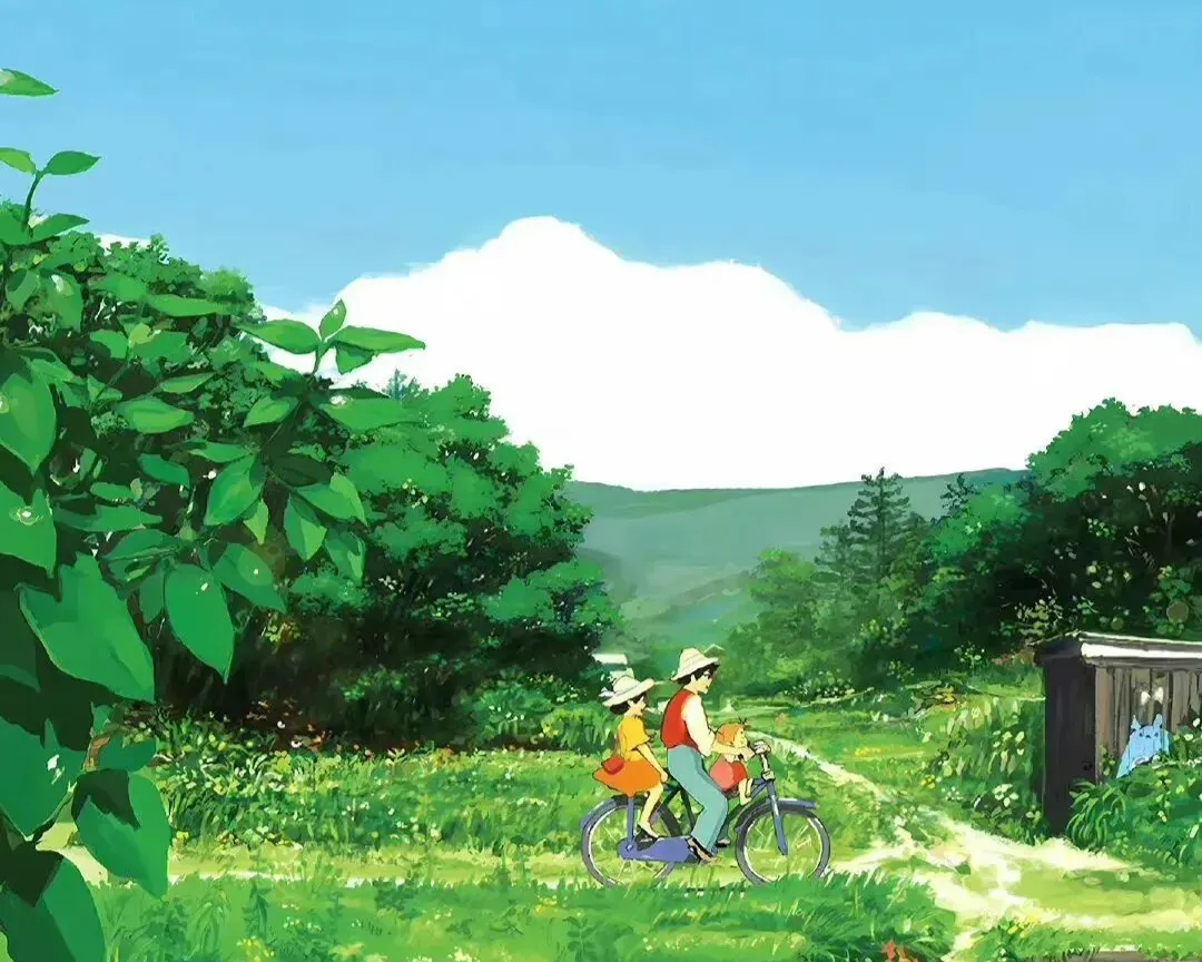 The rural scene in Hayao Miyazaki's movie 'My Neighbor Totoro': blue sky, white clouds, green trees, and the daily life of the villagers.