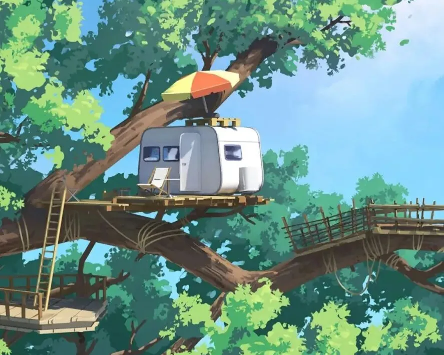 A scene from a studio-ghibli-movie, the Snooze Zone placed on a large tree branch.
